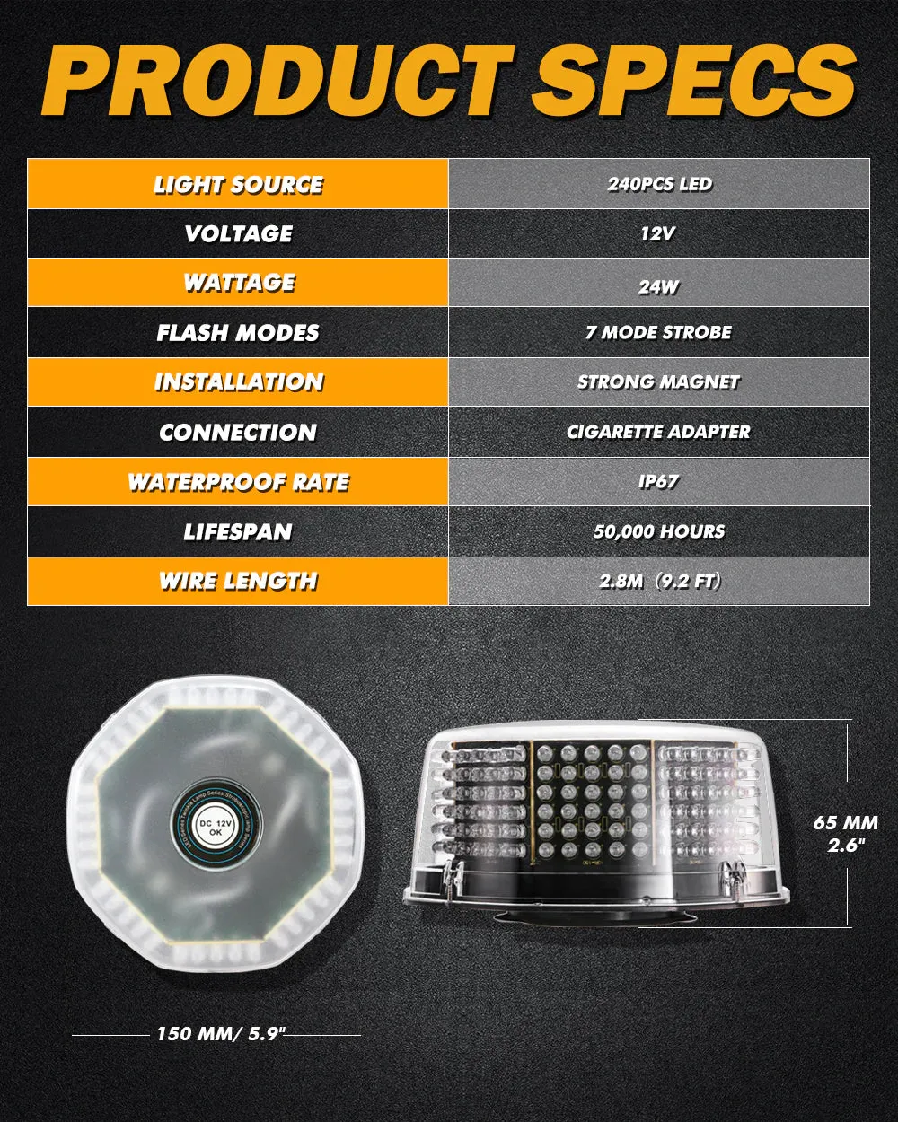 Auxbeam 240 LED Emergency Warning Rotating Strobe Beacon Light With Magnetic Base For 12V Vehicle Cars Truck Snow Plow