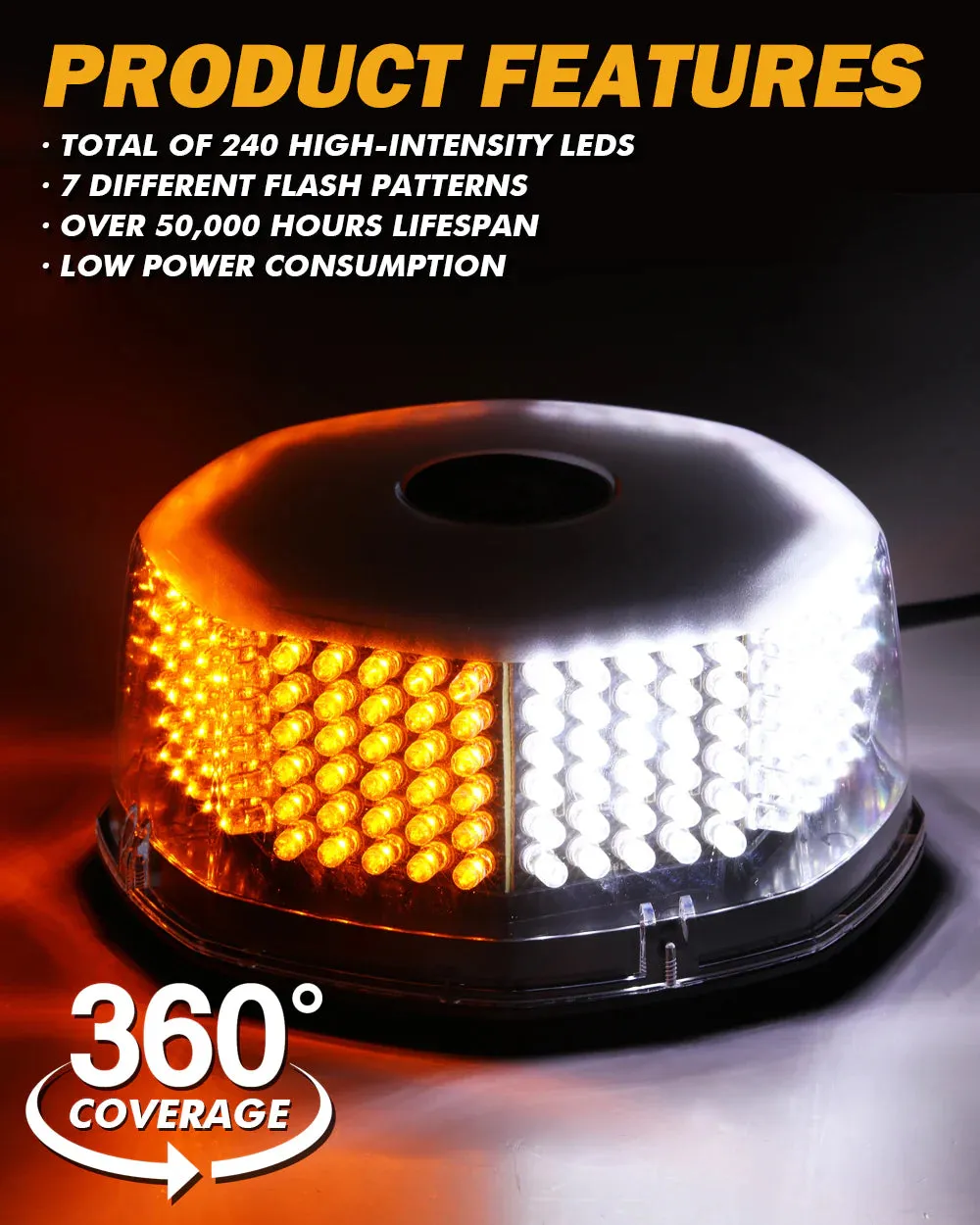 Auxbeam 240 LED Emergency Warning Rotating Strobe Beacon Light With Magnetic Base For 12V Vehicle Cars Truck Snow Plow
