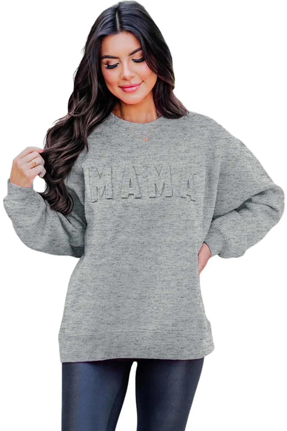 Gray MAMA Letter Embossed Casual Sweatshirt