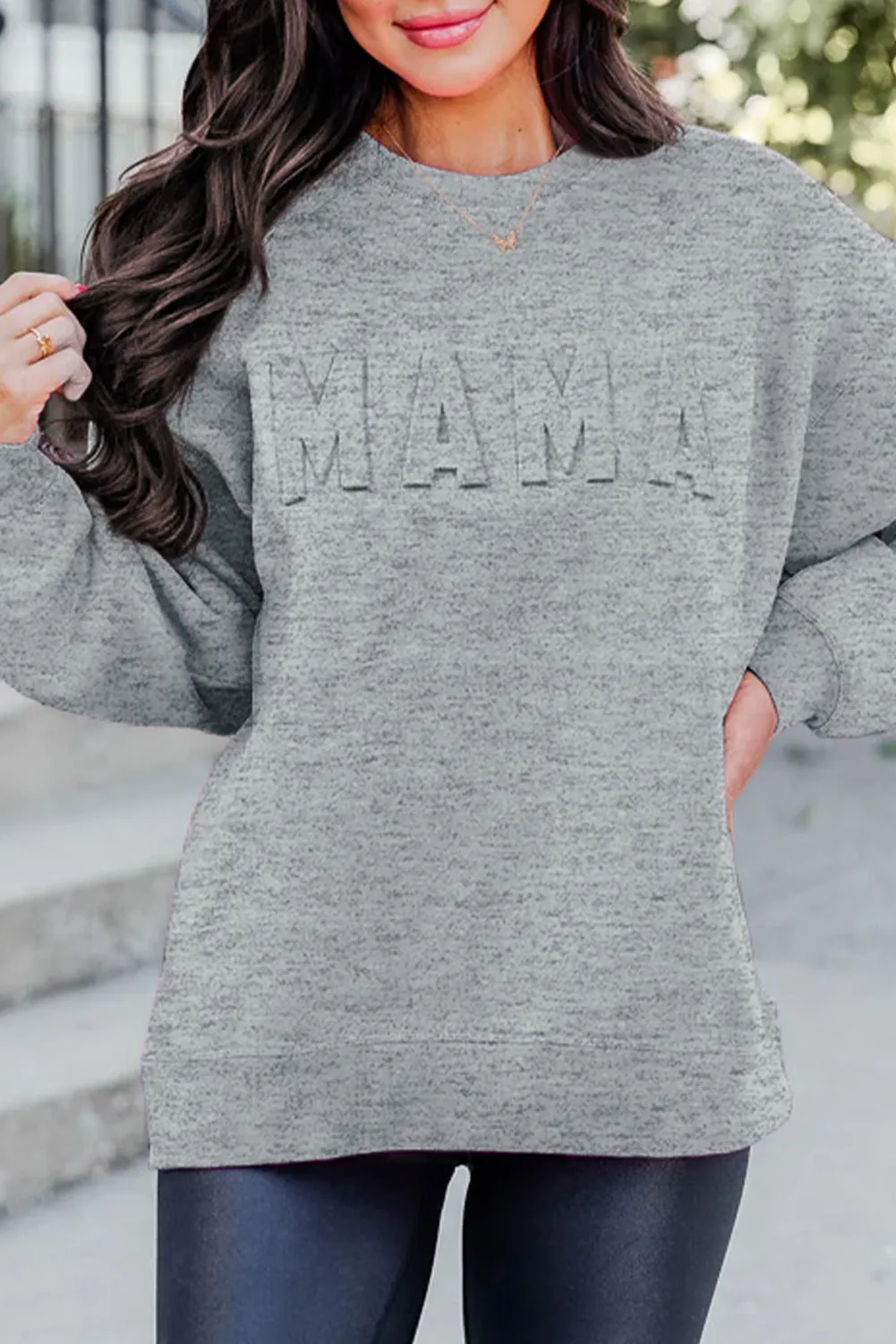 Gray MAMA Letter Embossed Casual Sweatshirt