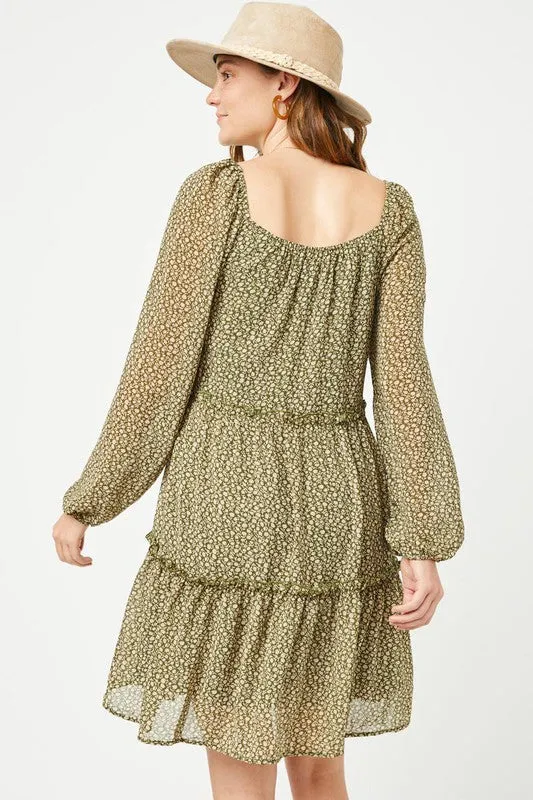Olive Tiered Ditsy Floral Long Sleeve Dress