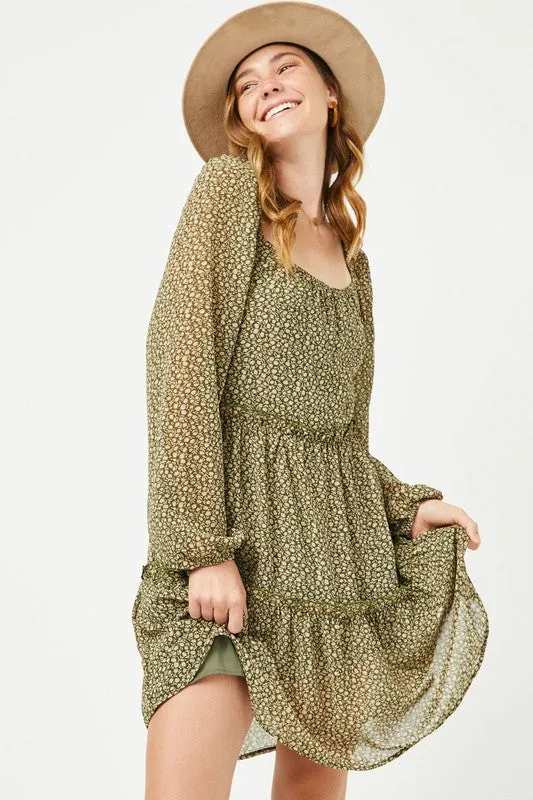 Olive Tiered Ditsy Floral Long Sleeve Dress