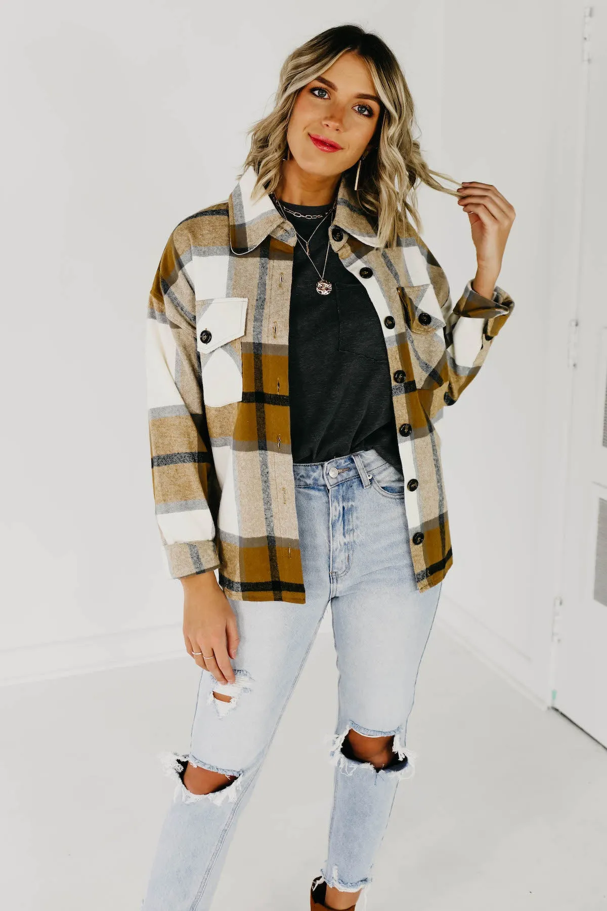 The Lia Plaid Shacket - Camel Multi