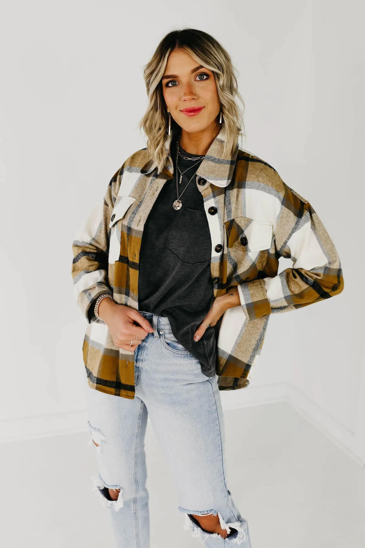 The Lia Plaid Shacket - Camel Multi