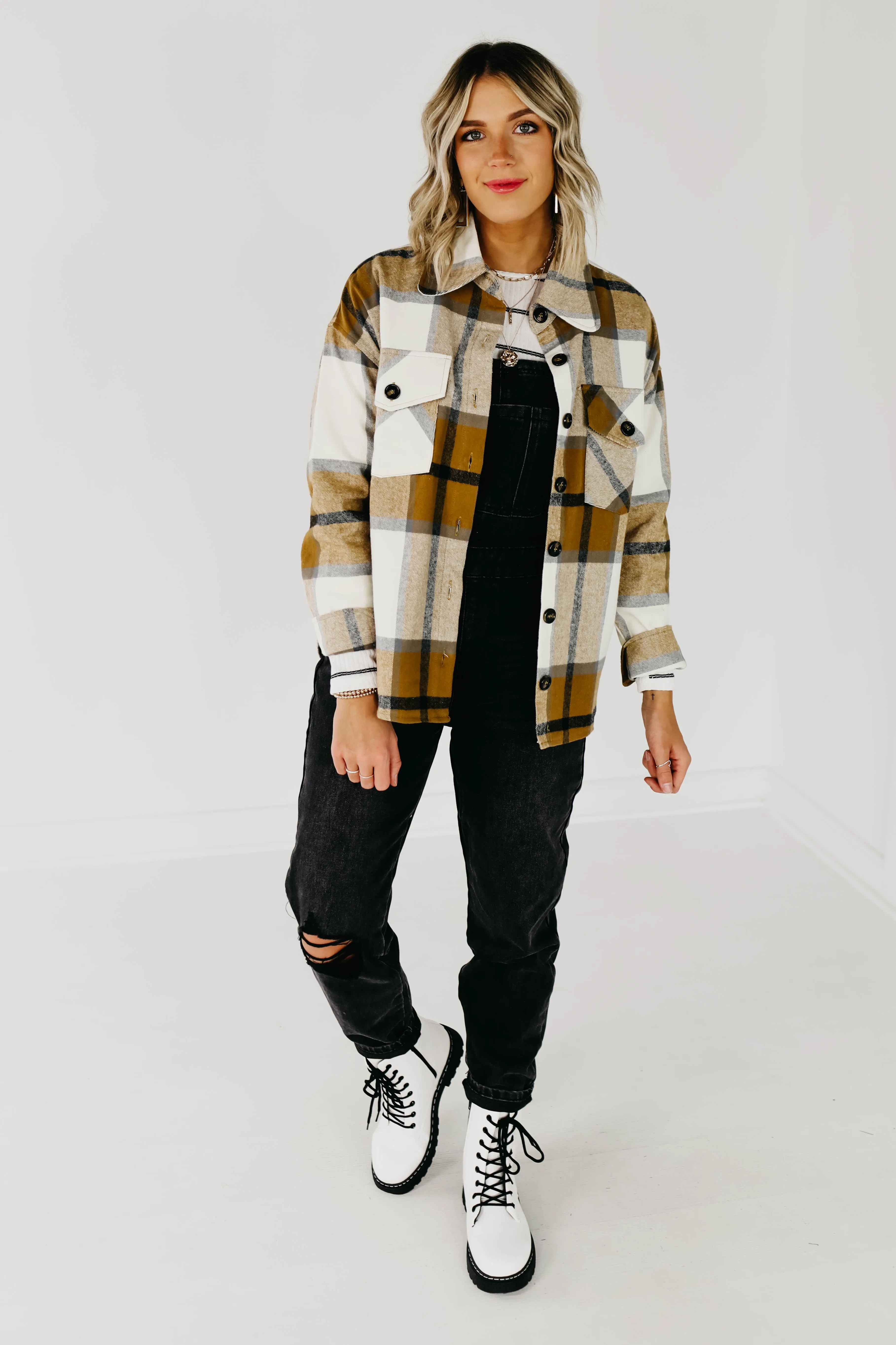 The Lia Plaid Shacket - Camel Multi