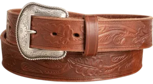 The Western Oak: Men's Hot Dipped Tan Oak Leaf Embossed Western Leather Belt 1.50"
