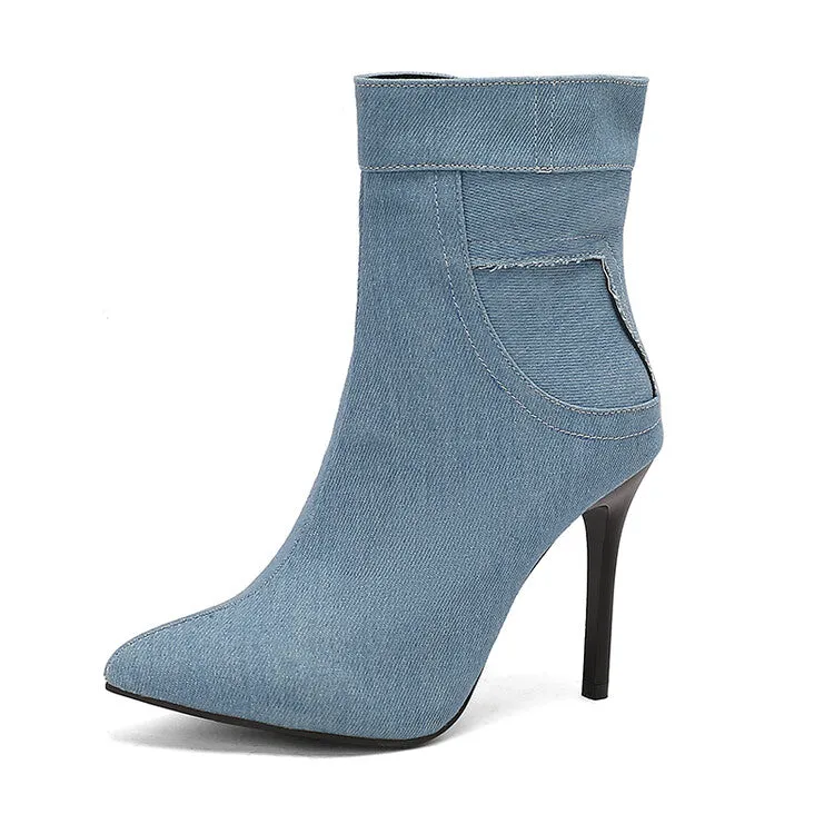 Women's Patchwork Pointed Toe Thin Heel Short Boots