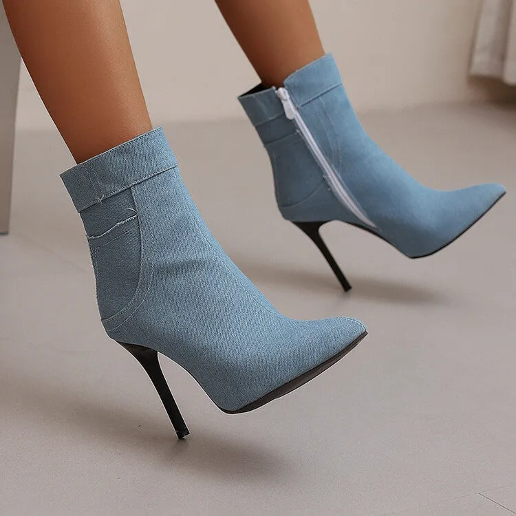 Women's Patchwork Pointed Toe Thin Heel Short Boots