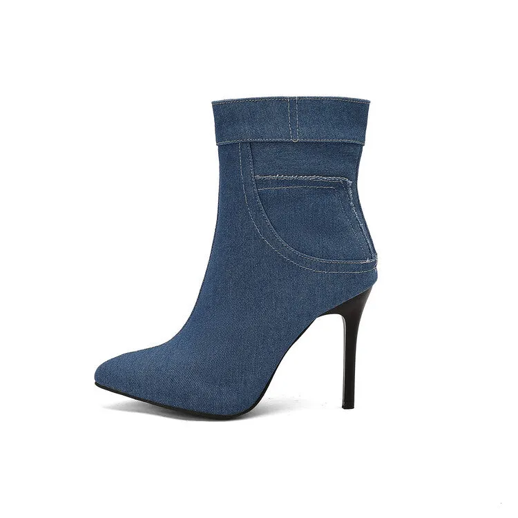 Women's Patchwork Pointed Toe Thin Heel Short Boots