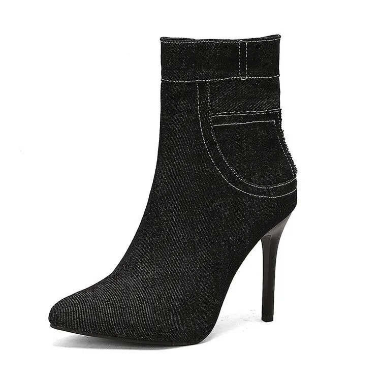 Women's Patchwork Pointed Toe Thin Heel Short Boots