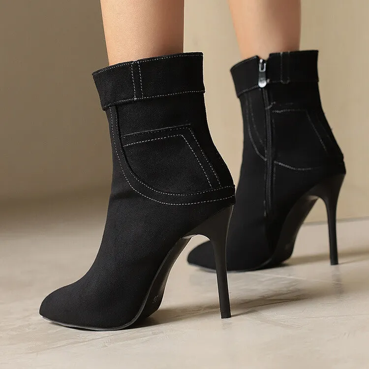 Women's Patchwork Pointed Toe Thin Heel Short Boots