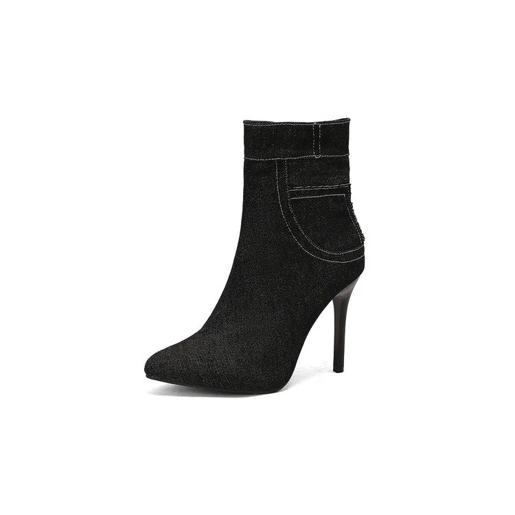 Women's Patchwork Pointed Toe Thin Heel Short Boots
