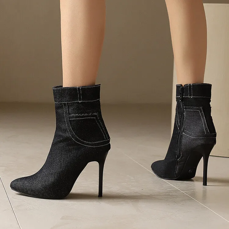 Women's Patchwork Pointed Toe Thin Heel Short Boots