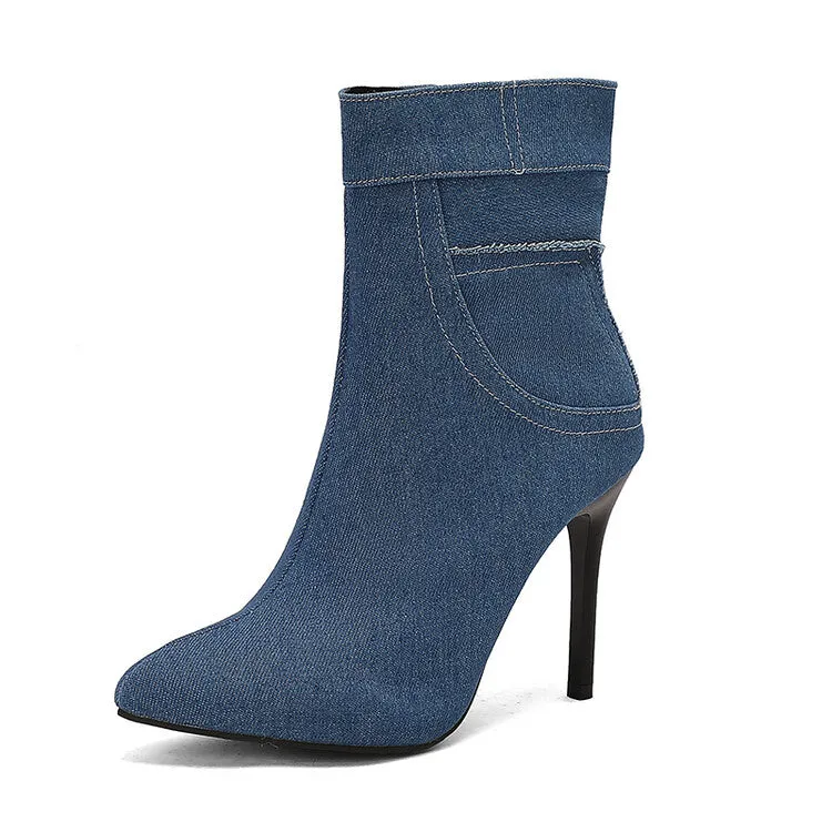Women's Patchwork Pointed Toe Thin Heel Short Boots