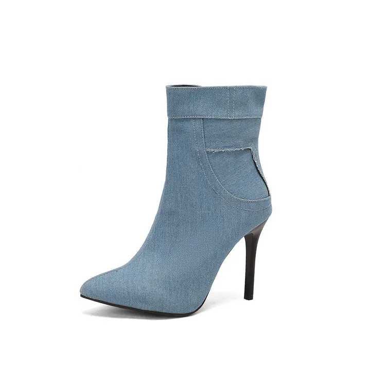 Women's Patchwork Pointed Toe Thin Heel Short Boots