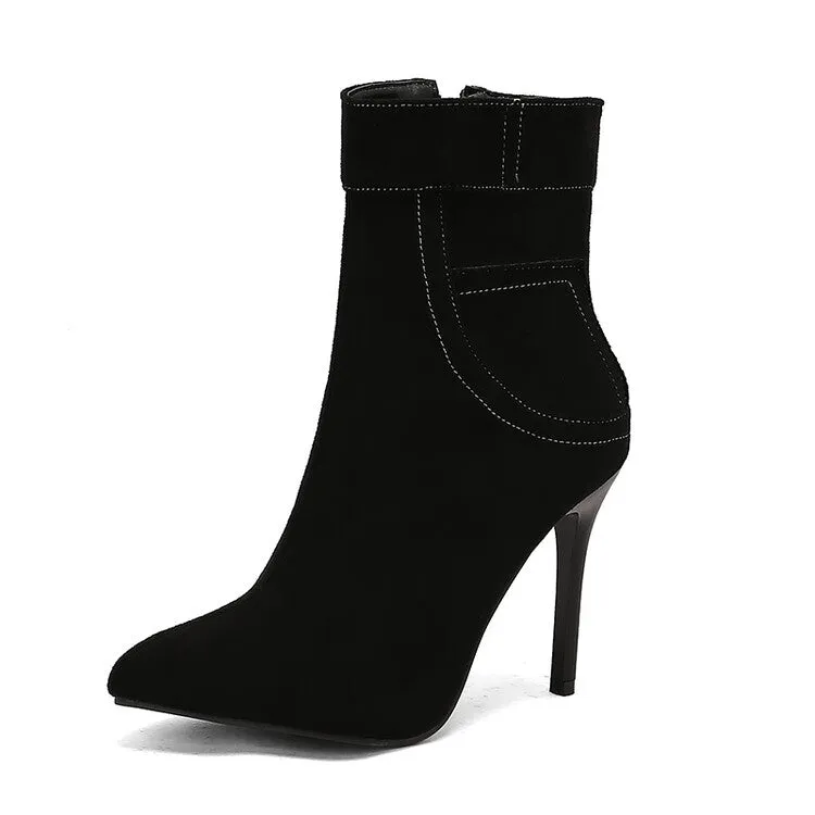 Women's Patchwork Pointed Toe Thin Heel Short Boots