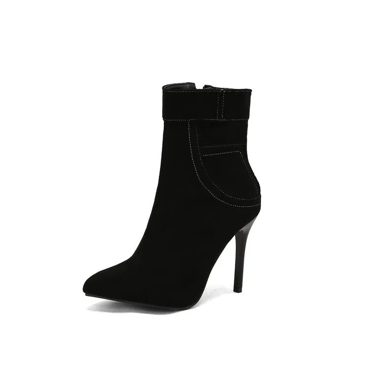 Women's Patchwork Pointed Toe Thin Heel Short Boots