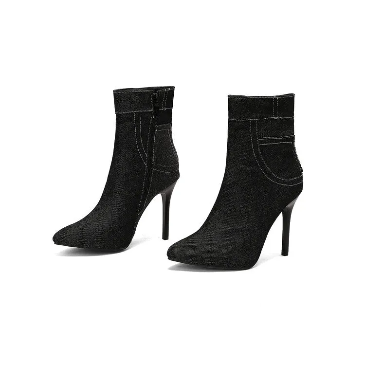 Women's Patchwork Pointed Toe Thin Heel Short Boots
