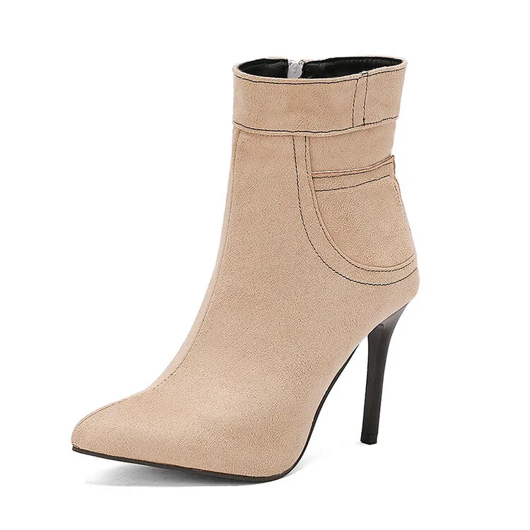 Women's Patchwork Pointed Toe Thin Heel Short Boots