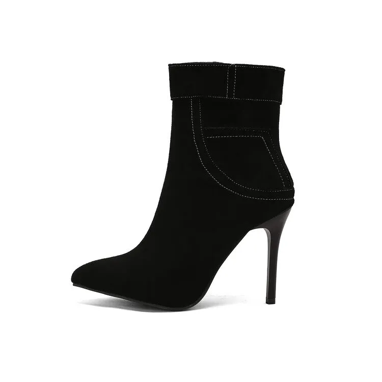 Women's Patchwork Pointed Toe Thin Heel Short Boots