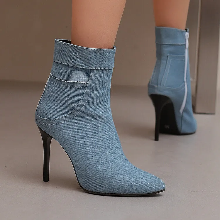 Women's Patchwork Pointed Toe Thin Heel Short Boots