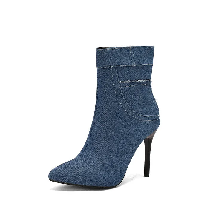 Women's Patchwork Pointed Toe Thin Heel Short Boots